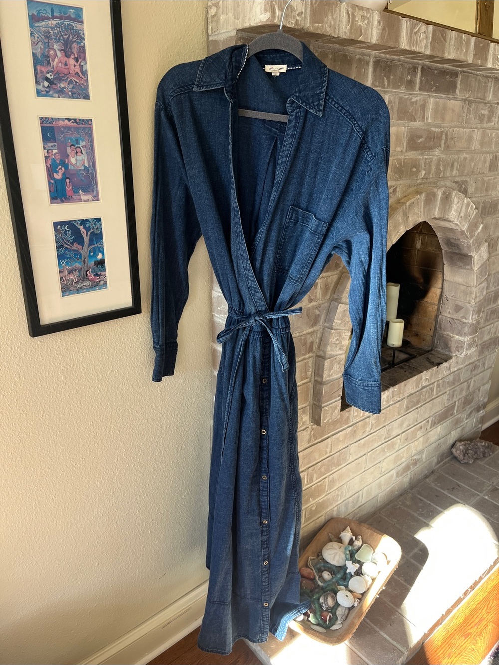 Denim Shirt Dress with Waist Tie - Blue